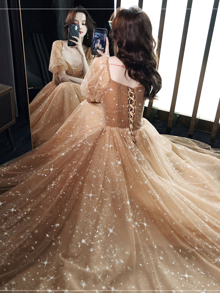 Champagne Sweetheart Tulle Lace Long Prom Dress Lace Evening Dress – shopluu