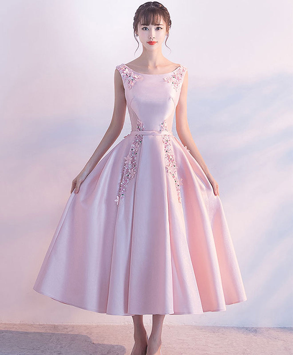 Pink Satin Lace Tea Length Prom Dress, Pink Evening Dress US 16 / Pink Pink Satin Lace Tea Length Prom Dress, Pink Evening Dress US 16 / Pink