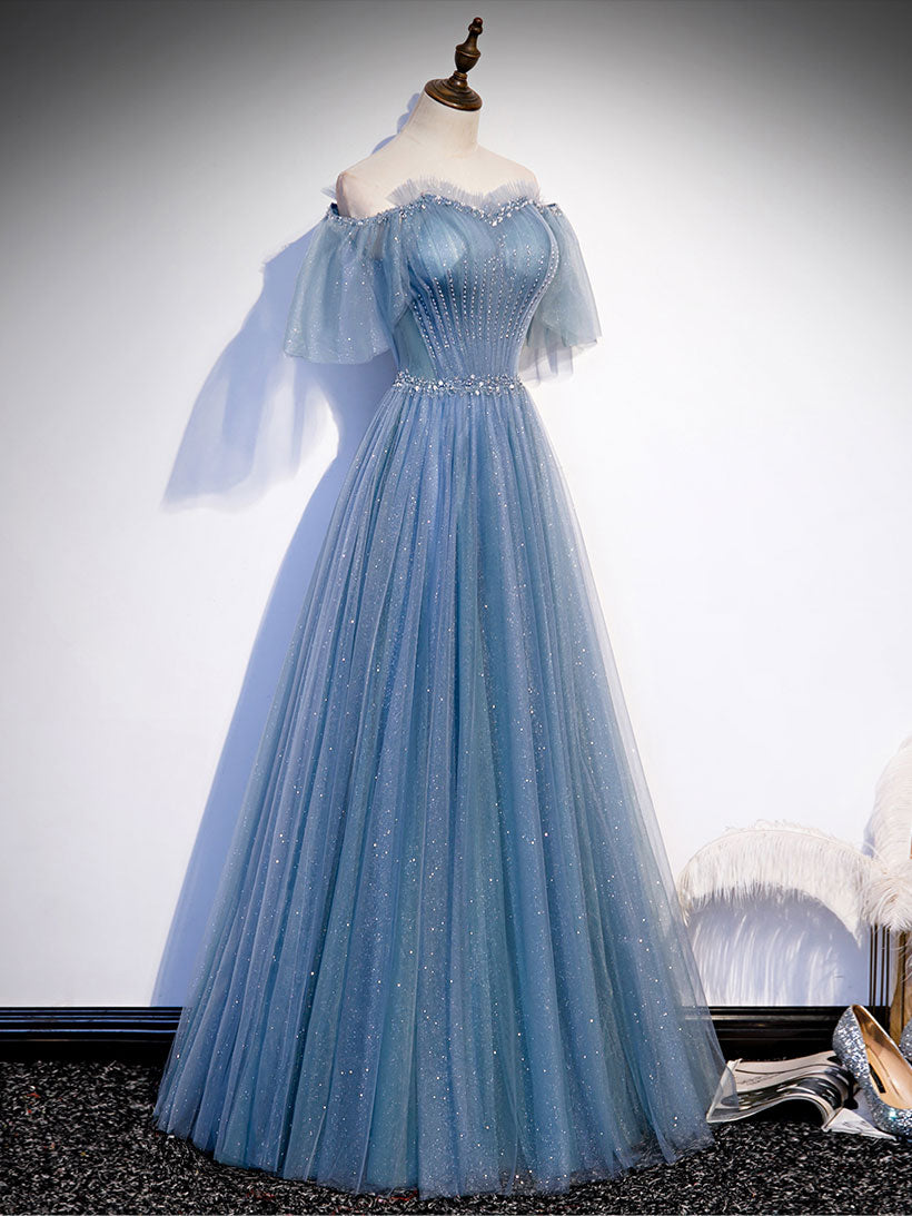 Blue Sweetheart Tulle Sequin Long Prom Dress Blue Formal Dress