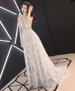 Gray Tulle Lace Long Prom Dress, Gray Lace Evening Dress