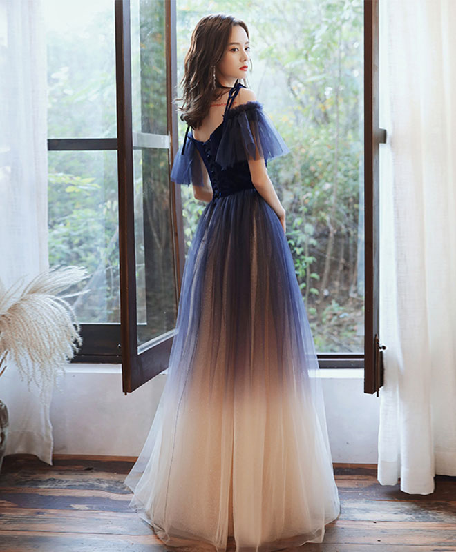 Blue Sweetheart Tulle Off Shoulder Long Prom Dress Blue Evening Dress
