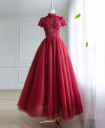Burgundy Tulle Lace Long Prom Dress, Tulle Lace Evening Dress