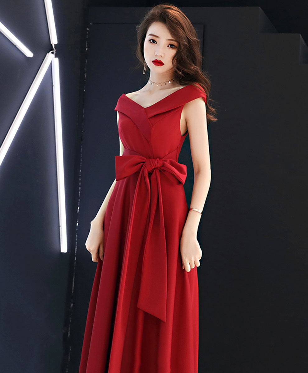 Red V Neck Long Prom Dress, Red Formal Party Dress