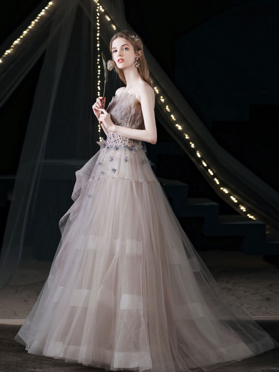 A-Line Tulle Beads Long Prom Dress, Gray Purple Tulle Evening Dress