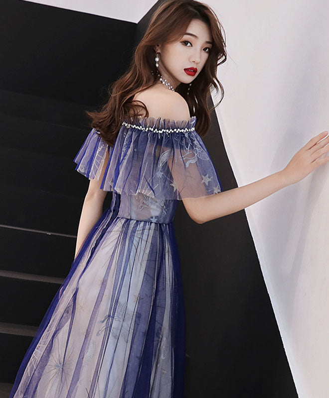 Blue Tulle Lace Tea Length Prom Dress, Blue Tulle Evening Dress