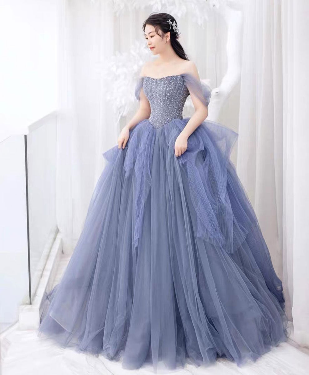 Blue Sweetheart Neck Tulle Beads Sequin Long Prom Dress,Blue Graduation Dress