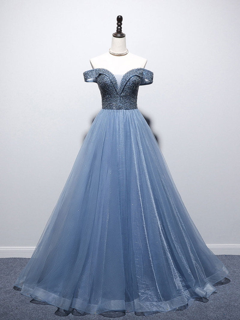 Blue Sweetheart Neck Beads Long Prom Dress, Blue Tulle Formal Dress With Beading Sequin