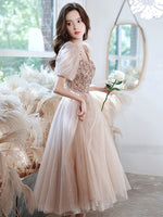 Champagne A-line Tulle Beads Prom Dress, Tulle Bridesmaid Dress