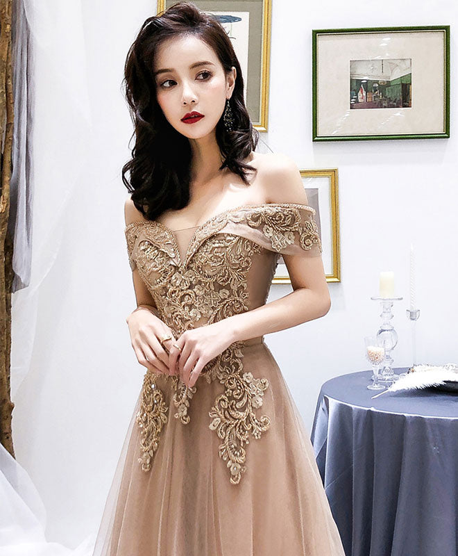 Champagne Tulle Off Shoulder Long Prom Dress, Tulle Evening Dress