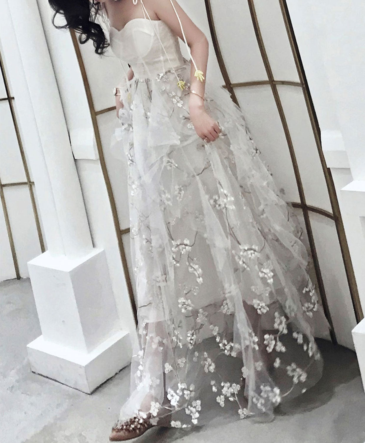 White Tulle Lace Long Prom Dress, White A-Line Lace Graduation Dresses – shopluu