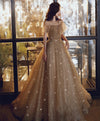 Champagne Round Neck Tulle Sequin Long Prom Dress Tulle Formal Dress