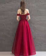 Burgundy Tulle Off Shoulder Long Prom Dress Burgundy Evening Dress