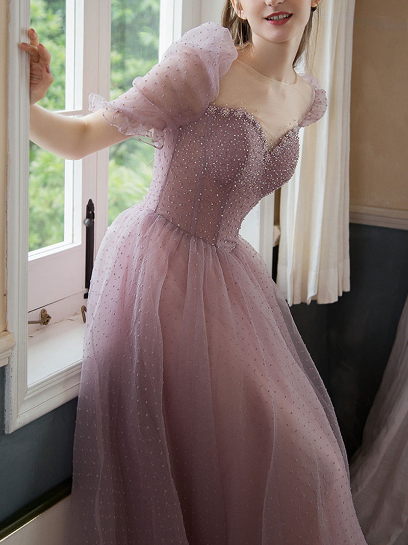 Sweetheart Tulle Beads Tea Length Pink Prom Dress, Tulle Homecoming Dr shopluu Sweetheart Tulle Beads Tea Length Pink Prom Dress, Tulle Homecoming Dr shopluu