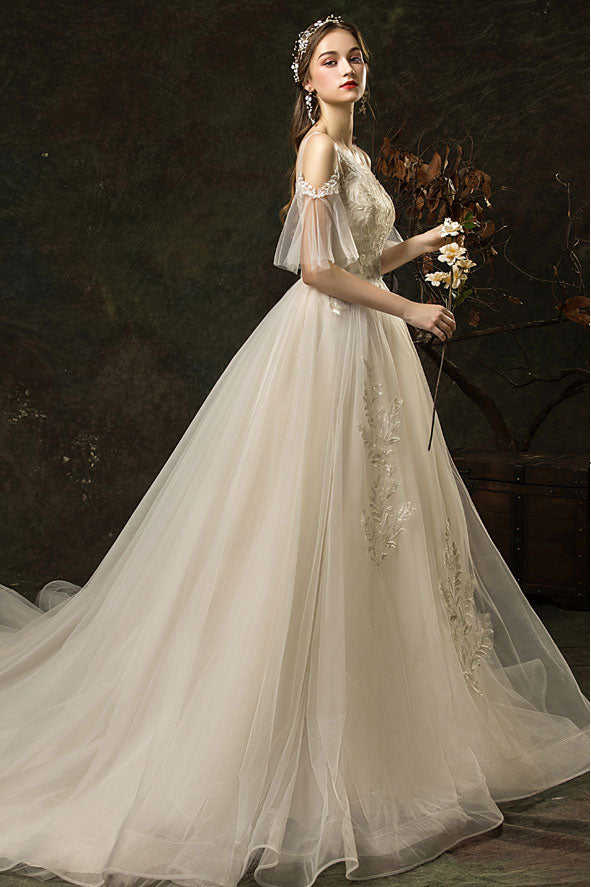 White Round Neck Tulle Lace Long Wedding Dress, Bridal Dress