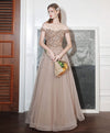 Champagne A line Long Prom Dress, Off Shoulder Champagne Formal Dress with Beading Sequin
