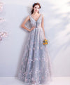 A-Line Gray V Neck Lace Long Prom Dress, Gray Lace Formal Evening Dresses