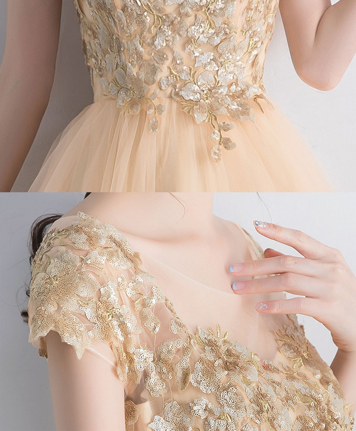 Champagne Lace Short Prom Dress, Champagne Cute Homecoming Dress