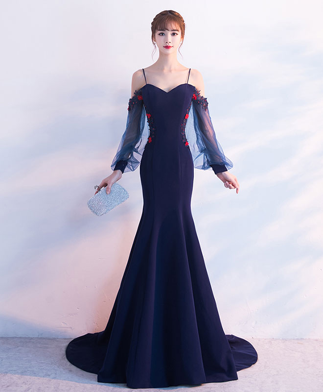 Dark Blue Lace Mermaid Long Prom Dress Blue Evening Dress – shopluu