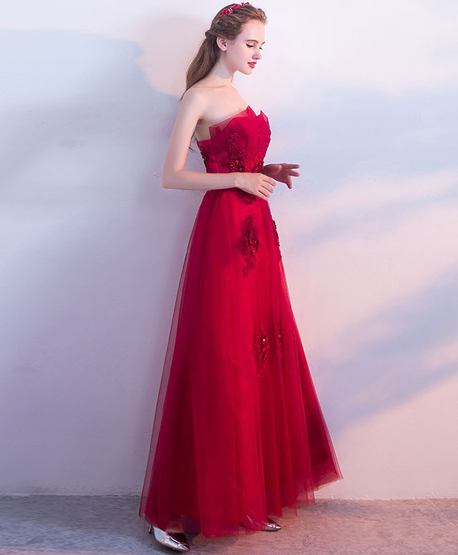 Burgundy Tulle Lace Long Prom Dress, Burgundy Tulle Evening Dress