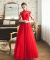 Red High Neck Tulle Lace Long Prom Dress, Red Lace Formal Dress