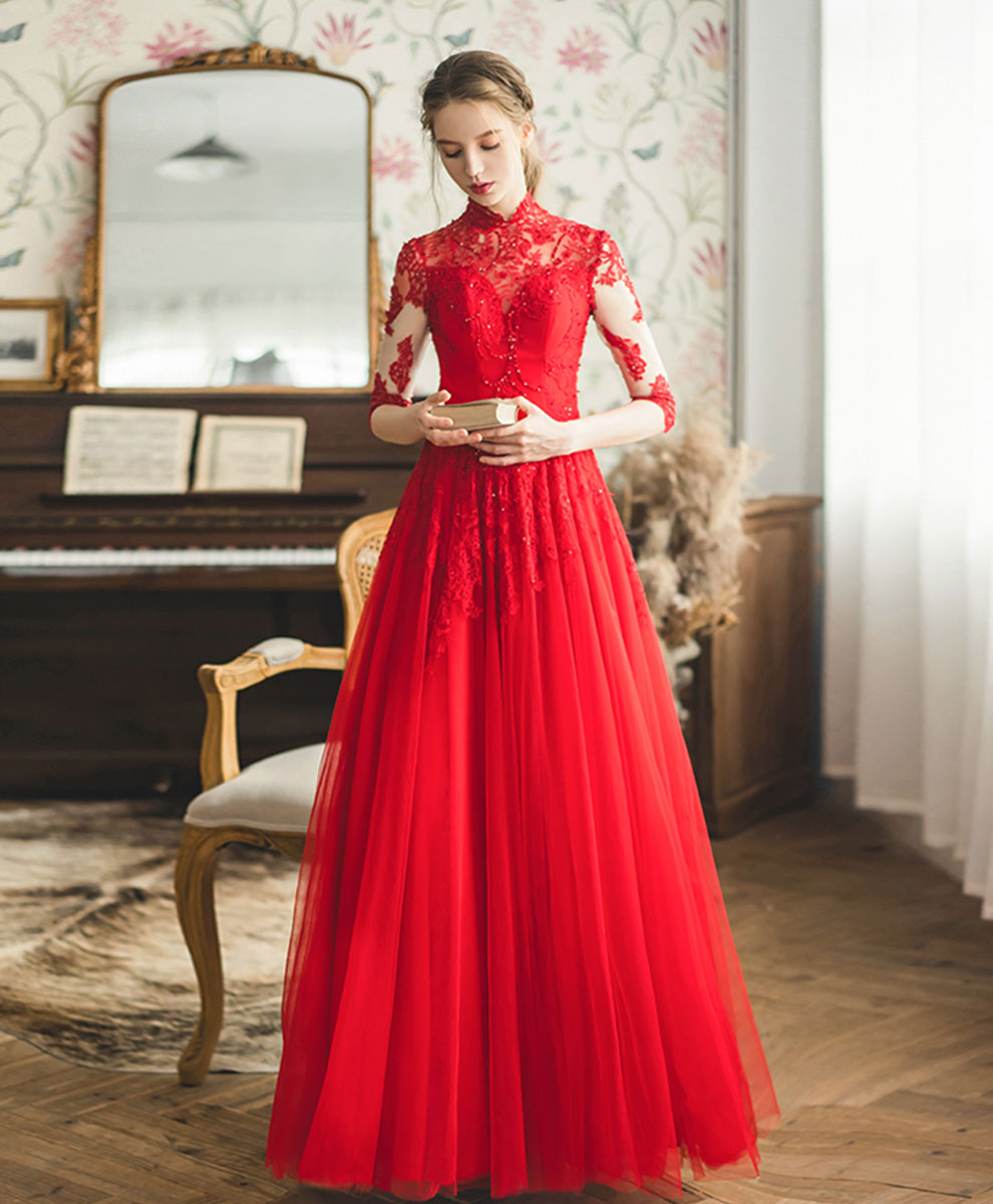 Red High Neck Tulle Lace Long Prom Dress, Red Lace Formal Dress US 16 / Custom Color Red High Neck Tulle Lace Long Prom Dress, Red Lace Formal Dress US 16 / Custom Color