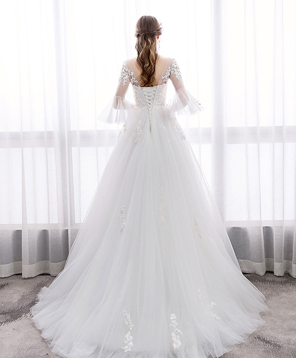 White V Neck Tulle Lace Long Wedding Dress, Lace Bridal Dress