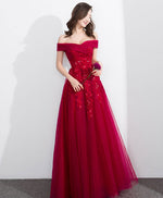 Burgundy Off Shoulder Tulle Lace Long Prom Dress, Evening Dress