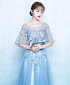 Blue Tulle Lace Long Prom Dress, Blue Tulle Evening Dress