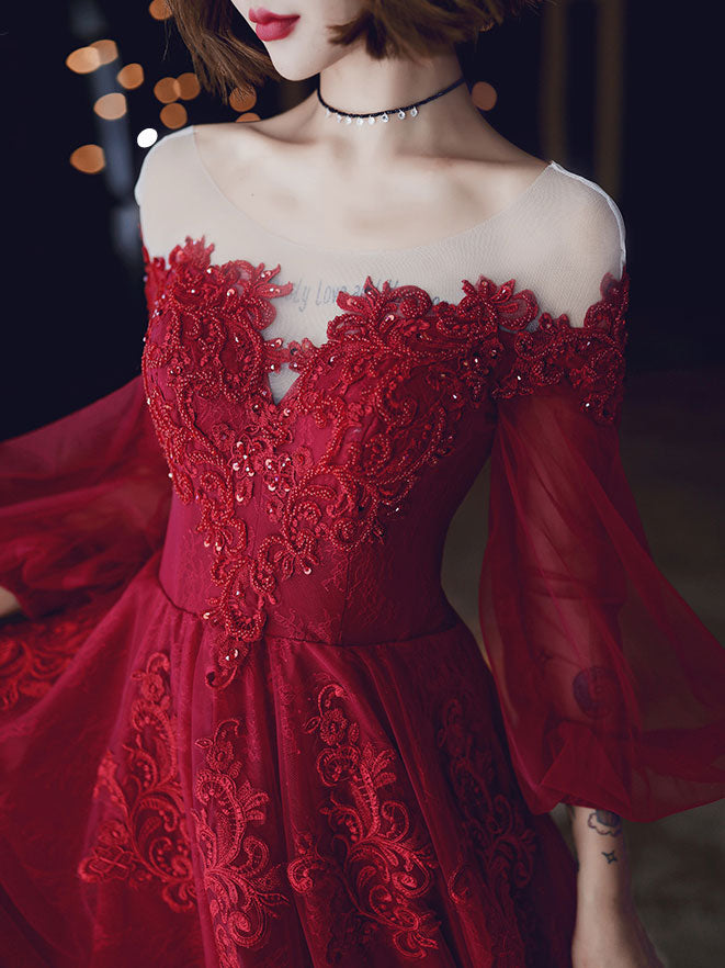 Red A line Tulle Lace Long Prom Dress, Tulle Lace Evening Dress US 6 / Custom Color