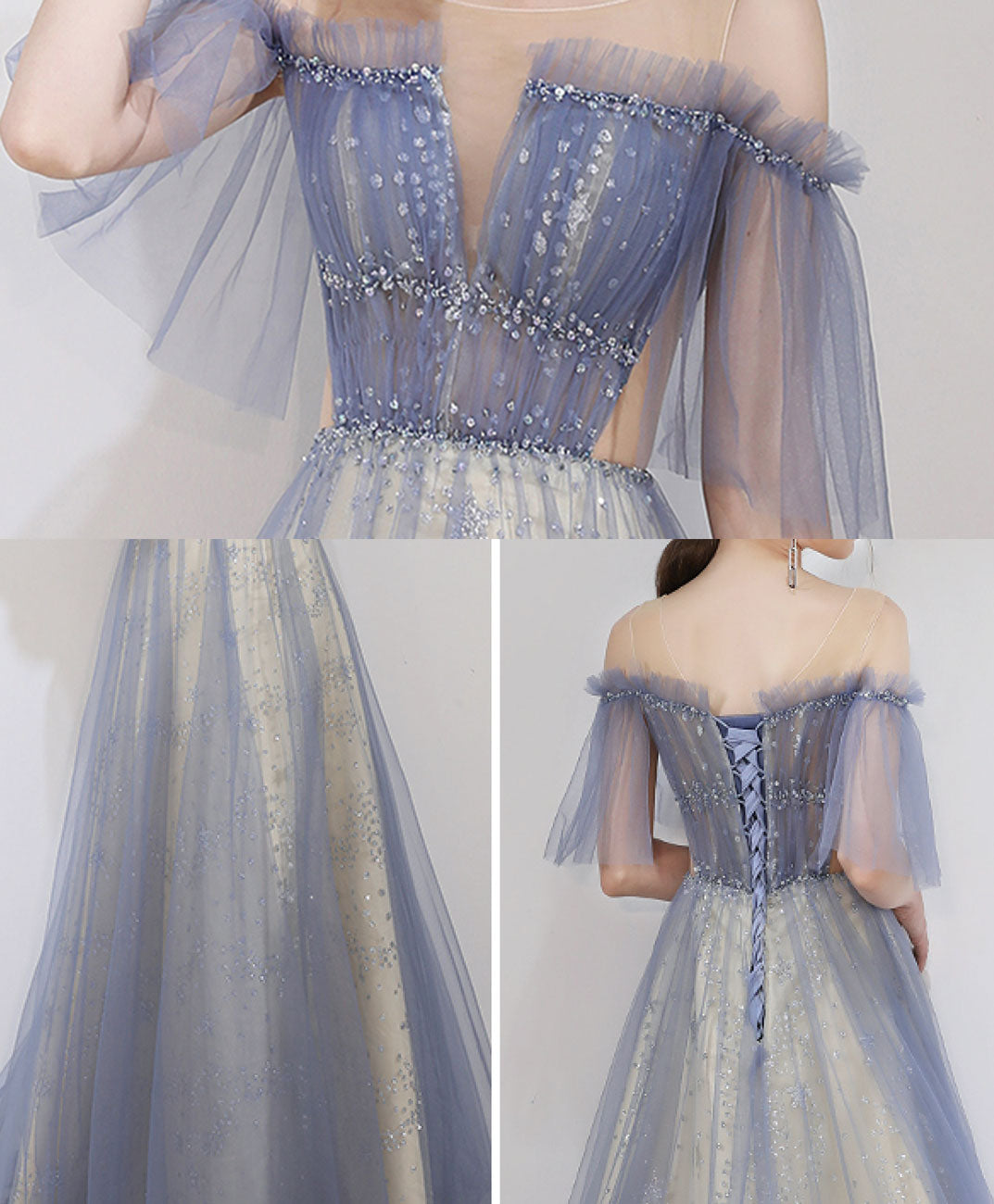 Blue Round Neck Tulle Lace Long Prom Dress, Blue Long Evening Dress
