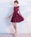 Burgundy Lace Short Prom Dress, Lace Bridesmaid Dress