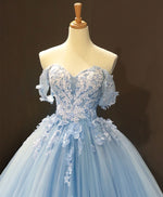 Blue Off Shoulder Tulle Lace Long Prom Dress, Blue Formal Ball Gown Evening Dress