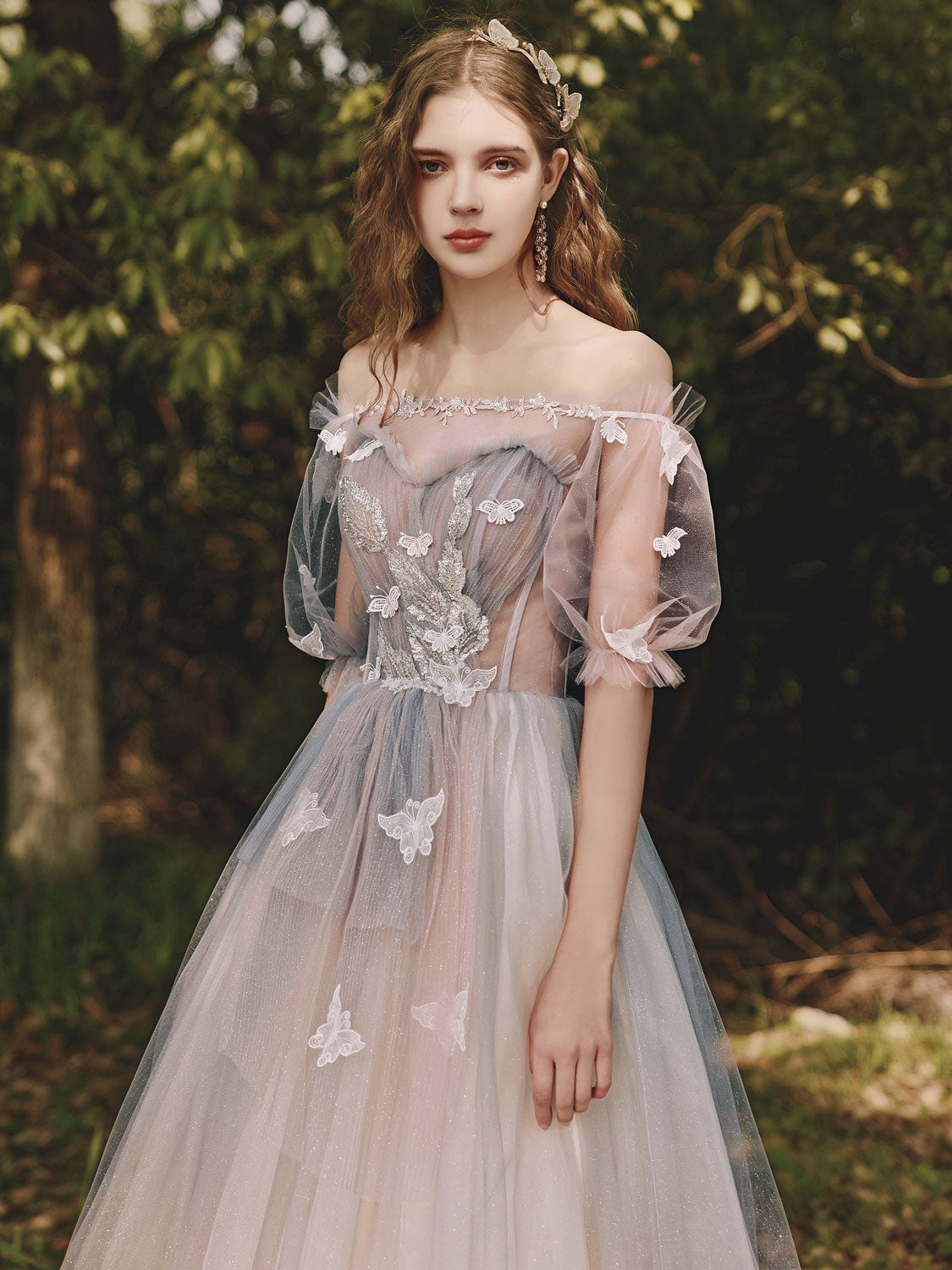 Champagne Tulle Lace Long Prom Dress, Champagne Tulle Formal Dress