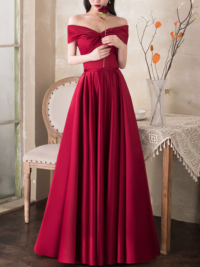 Simple A-line Dark Red Satin Long Prom Dress Red Bridesmaid Dress