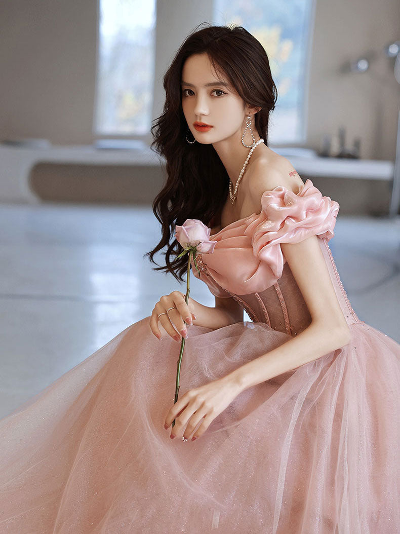 Pink Sweetheart Neck Tulle Beads Long Prom Dress, Pink Evening Dress