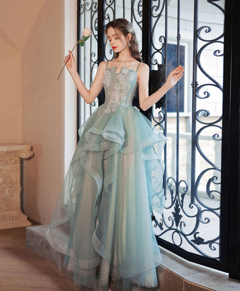 Gray Green Tulle Lace Long Prom Dress, Gray Green Tulle Lace Evening Dress