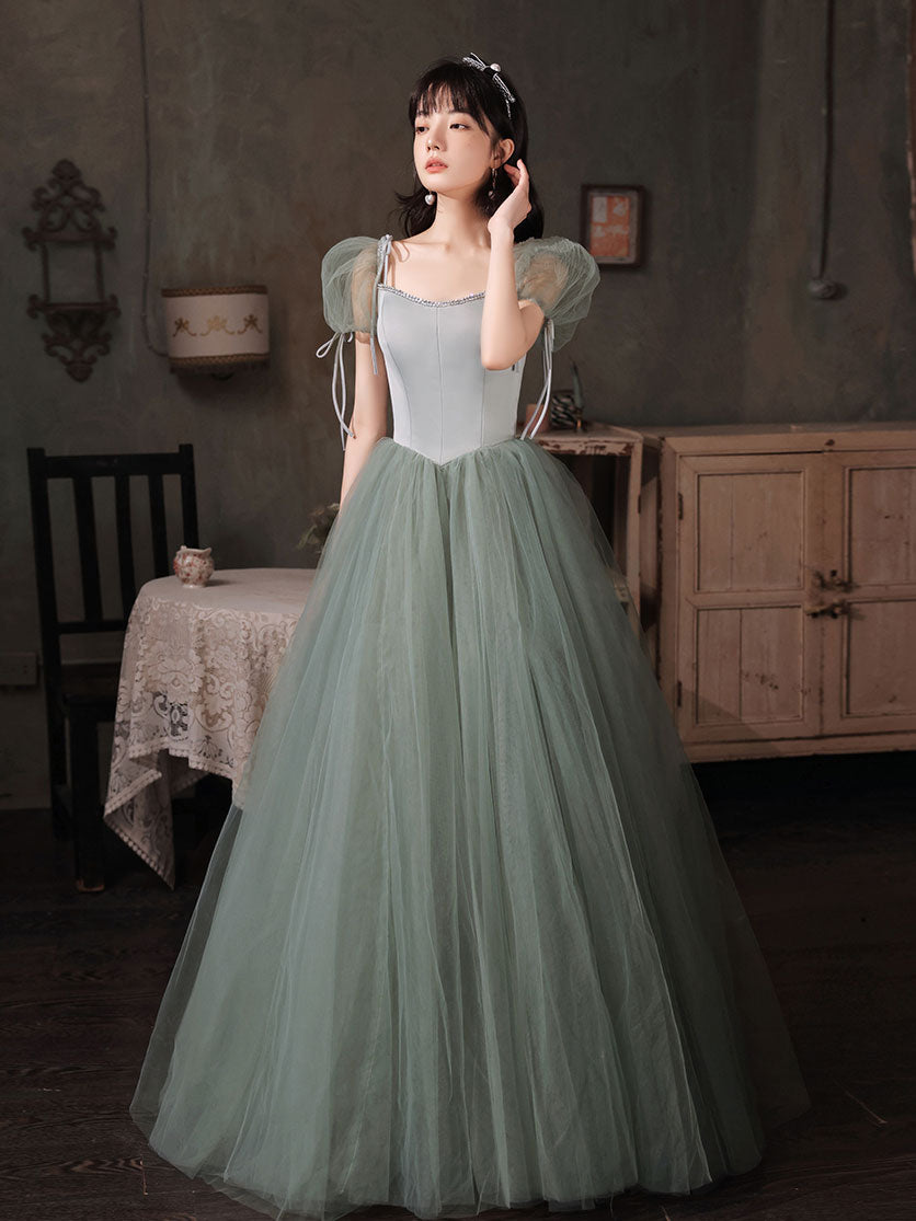 Gray Green Tulle Long Prom Dress, Green Tulle Formal Dress