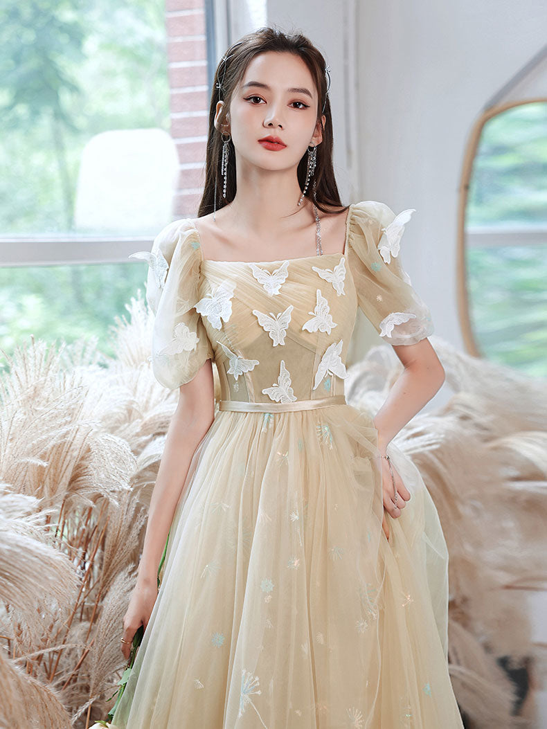 Champagne Tulle Lace Long Prom Dress, Champagne Tulle Formal Dress