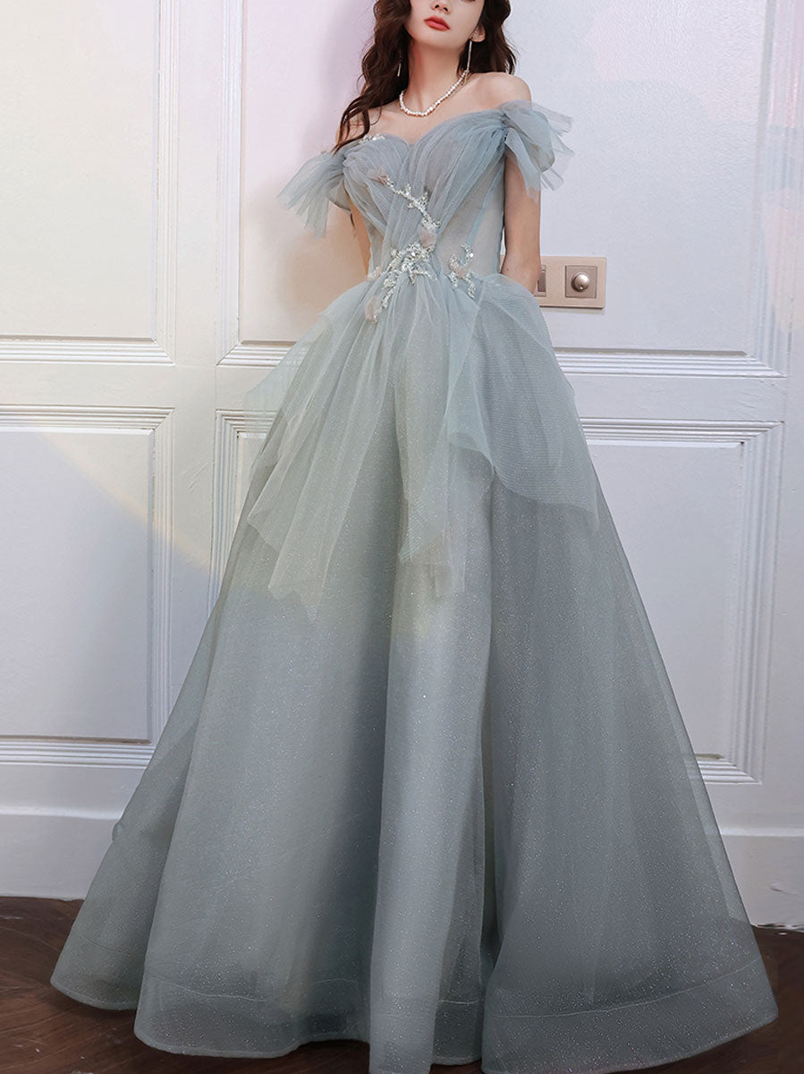 Gray Sweetheart Neck Tulle Long Prom Dress Gray Evening Dress