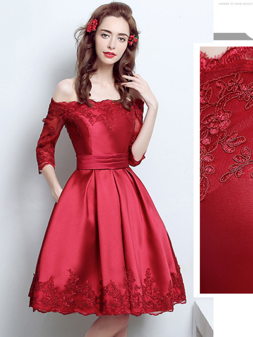 Burgundy Lace Satin Short Prom Dress, Burgundy Bridesmaid Dress