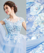 Sky Blue Lace Tulle Long Prom Dress, Lace Evening Dress