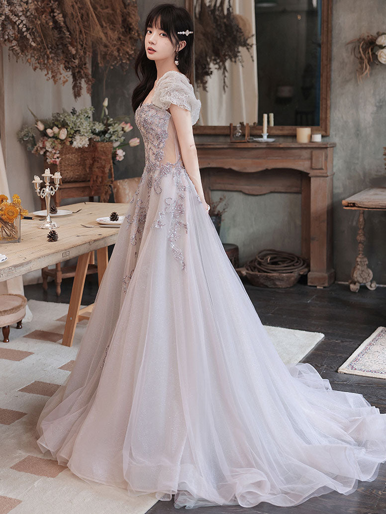 Elegant Tulle Sequin Beads Long Prom Dress Tulle Formal Dress