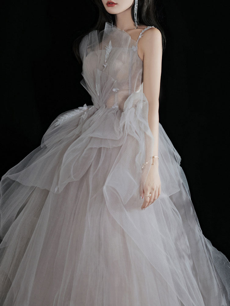 Light Gray Tulle Lace Long Prom Dress, Tulle Lace Formal Dress