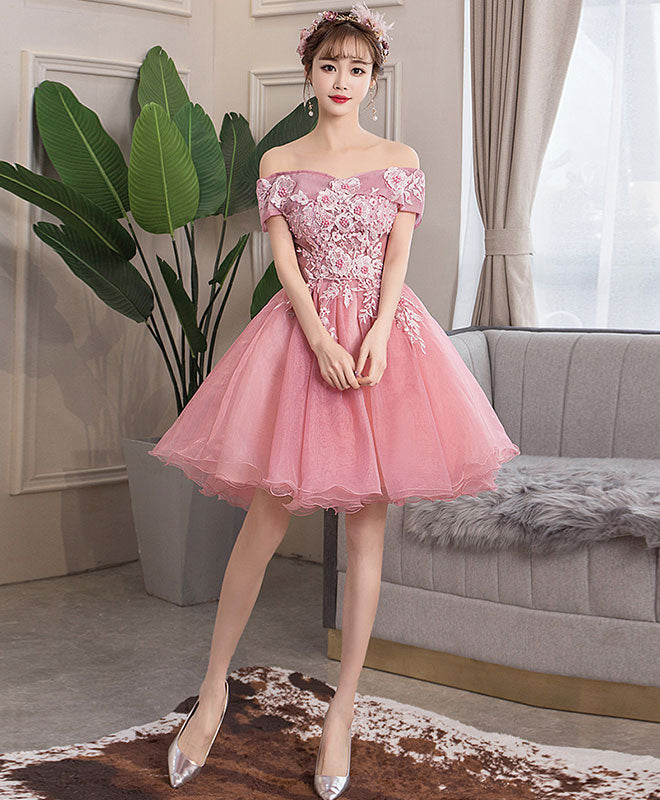 shopluu A Line Sweetheart Neck Pink Short Prom Dresses, Formal Puffy Pink Homecoming Dress with Lace Applique Beading US 10 / Pink