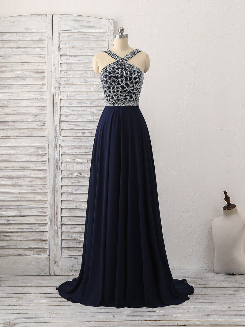 Dark Blue Chiffon Beads Long Prom Dress, Blue Evening Dress