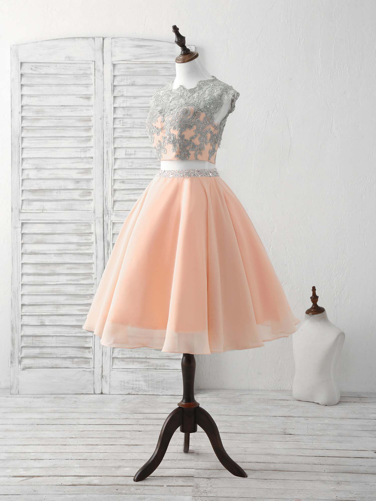 A-Line Two Pieces Lace Short Prom Dress, Homecoming Dress
