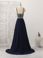 Dark Blue Chiffon Beads Long Prom Dress, Blue Evening Dress