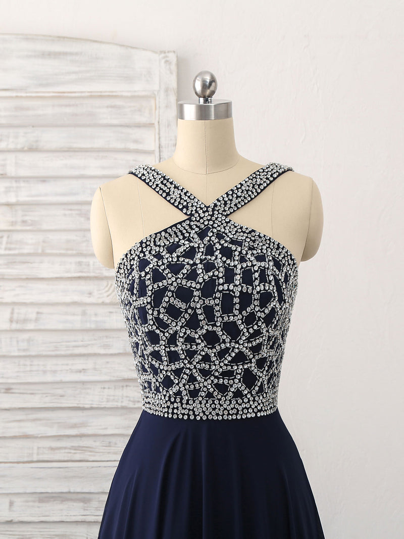 navy dinner dress blue Dark Blue Chiffon Beads Long Prom Dress, Blue Evening Dress US 12 / Dark Blue