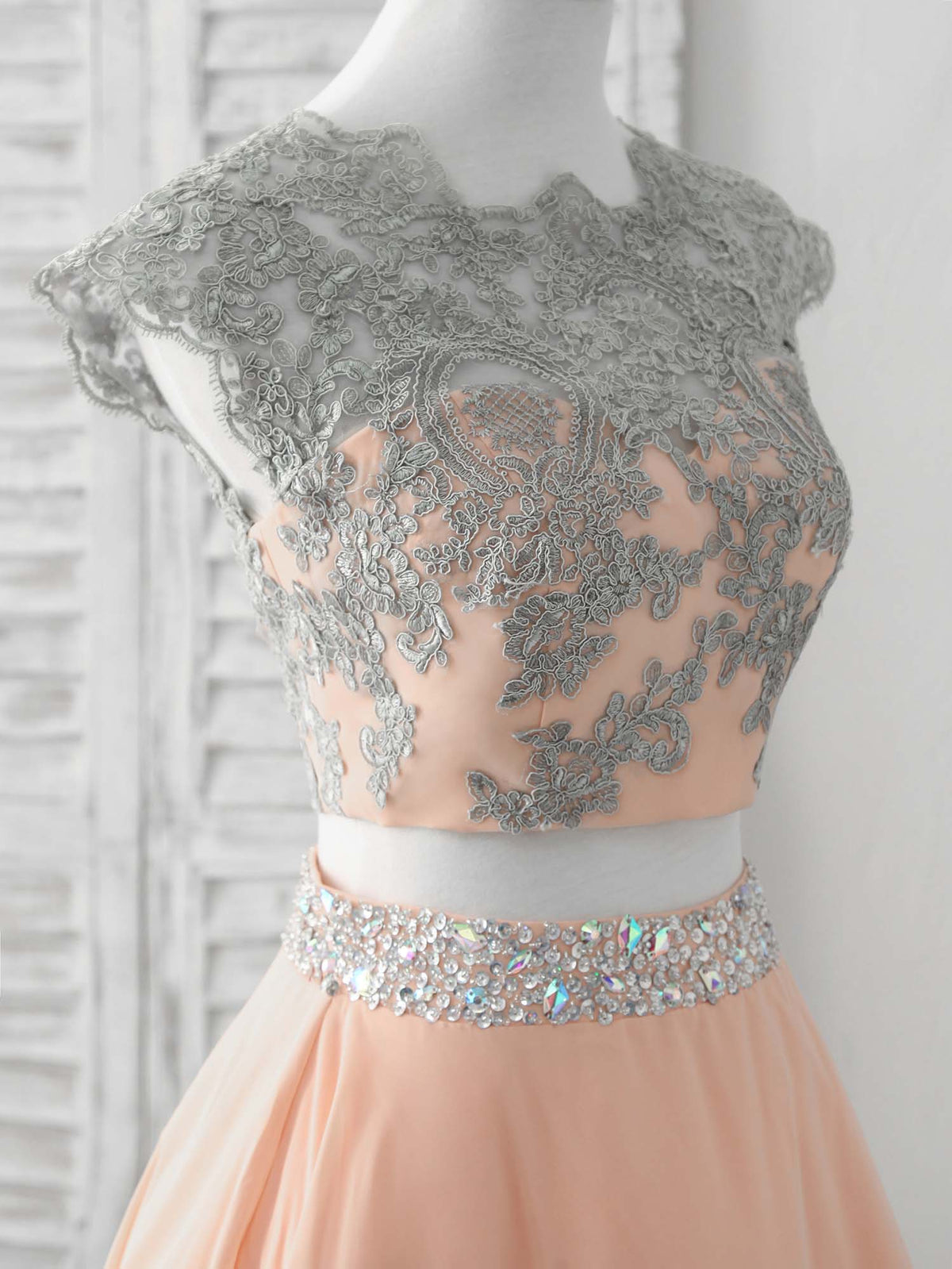 A-Line Two Pieces Lace Short Prom Dress, Homecoming Dress