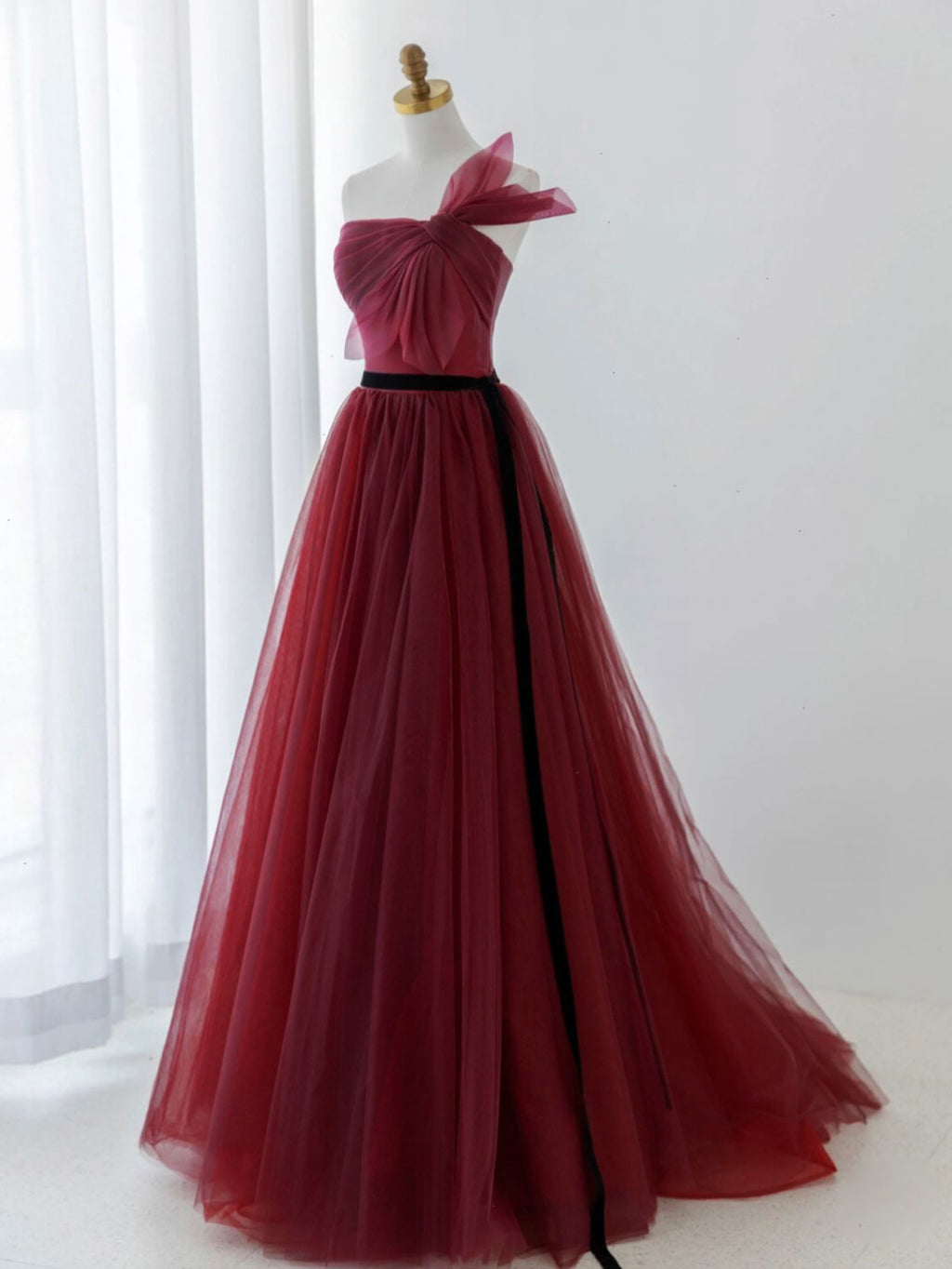 A-Line Tulle Burgundy Long Prom Dress, Burgundy Formal Evening Dress